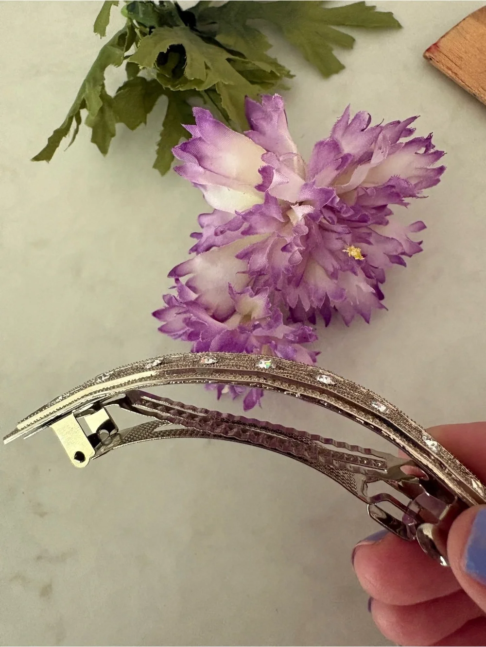 Vintage Style Silver Filigree Rhinestone French Barrette Hair Clip